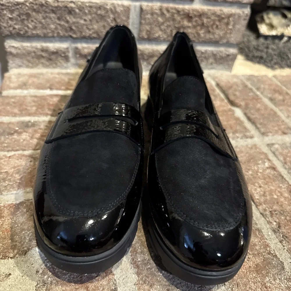 Memphisto Womens Black Carima Crinkle Patent Leather Penny Loafers Size 9.5 #356